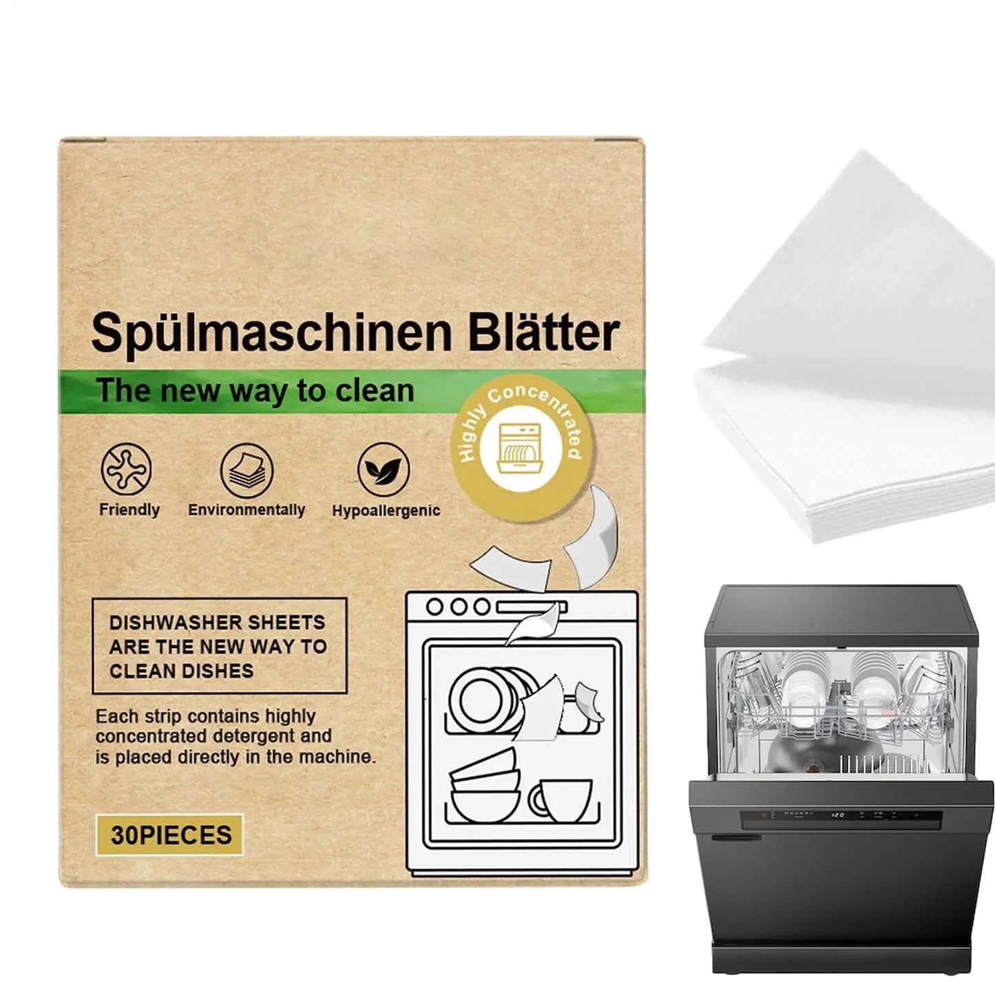 30pcs Eco-Friendly Dishwasher Detergent Sheets Natural Cleaning Strips Alternative to Gel Pods Tablets for All Machines