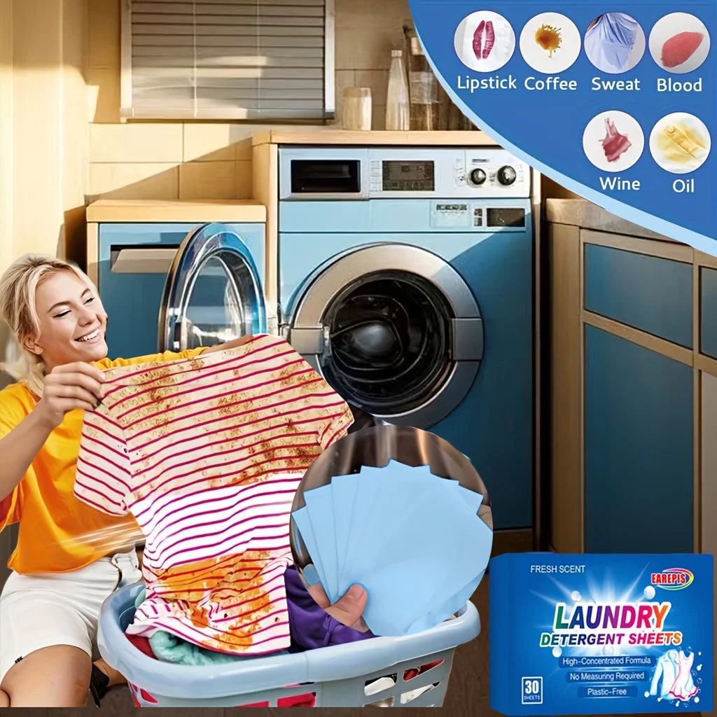 Eco Laundry Detergent Sheets – 30 Pack | No-Mess, Travel-Friendly & Powerful Stain Remover